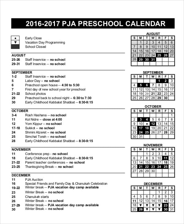preschool calendar sample