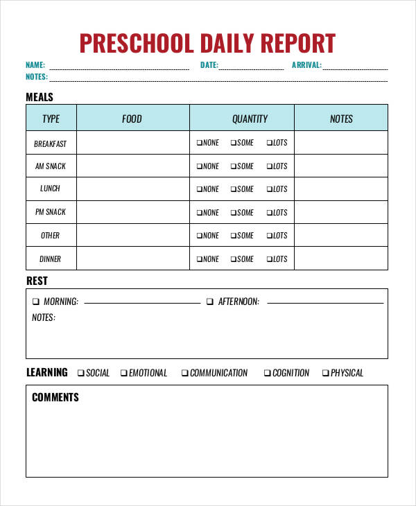 Pre K Schedule Printable