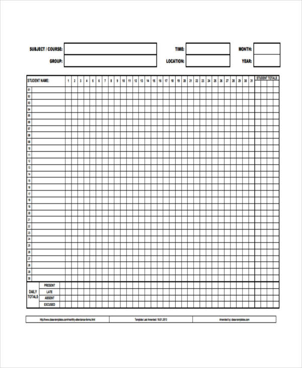 printable attendance