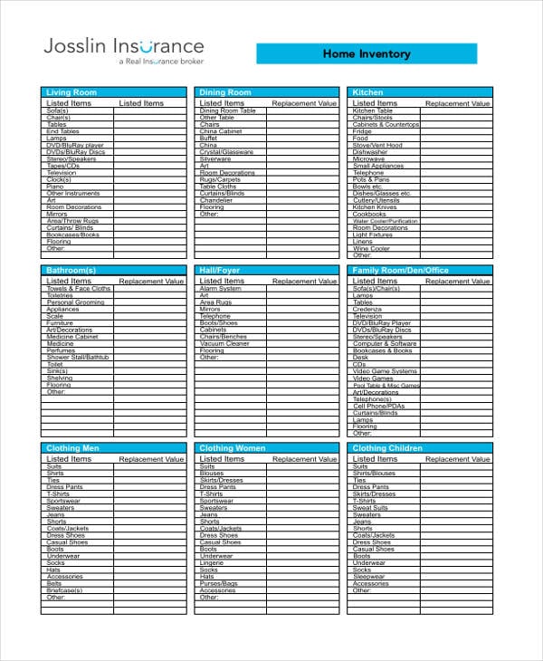 printable home inventory spreadsheet