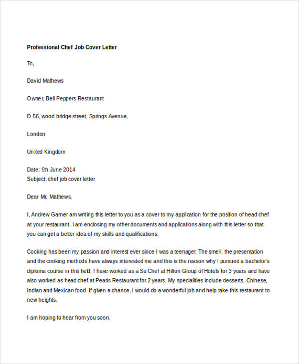 cover letter sample for chef de partie
