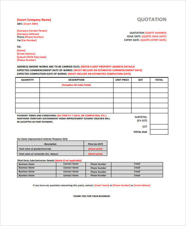 9+ FREE Construction Quotation Templates PDF, Word, Apple Pages