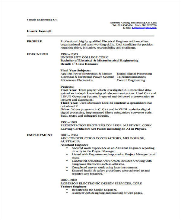 10+ Printable Engineer Curriculum Vitae Templates - PDF, DOC