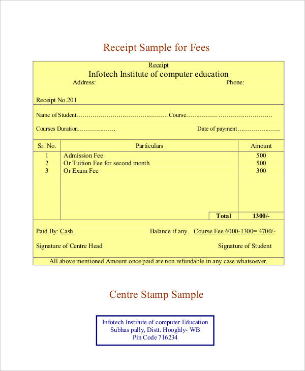 Fee Receipt Template 12 Free Printable Word Excel PDF Samples