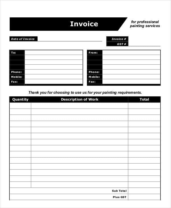 painters invoice template free