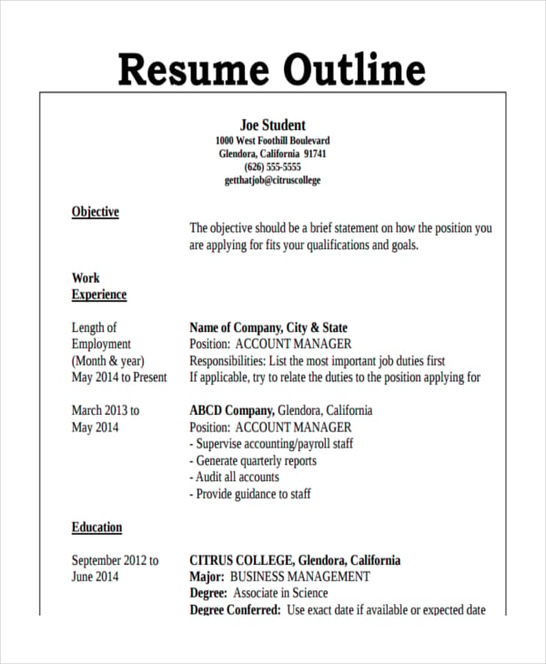 professional resume outline