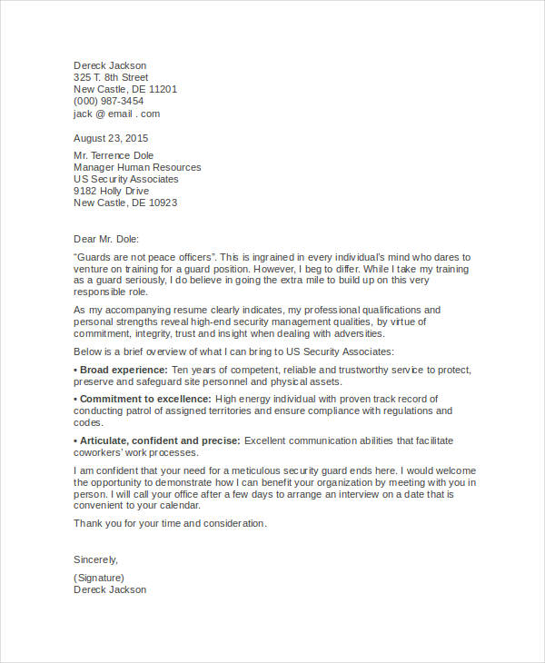 example of application letter as security guard