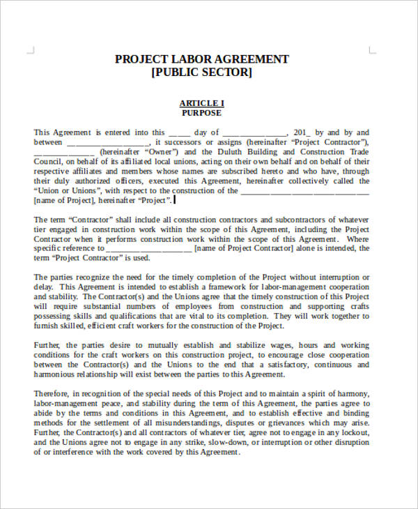 6 Labor Agreement Templates Word PDF