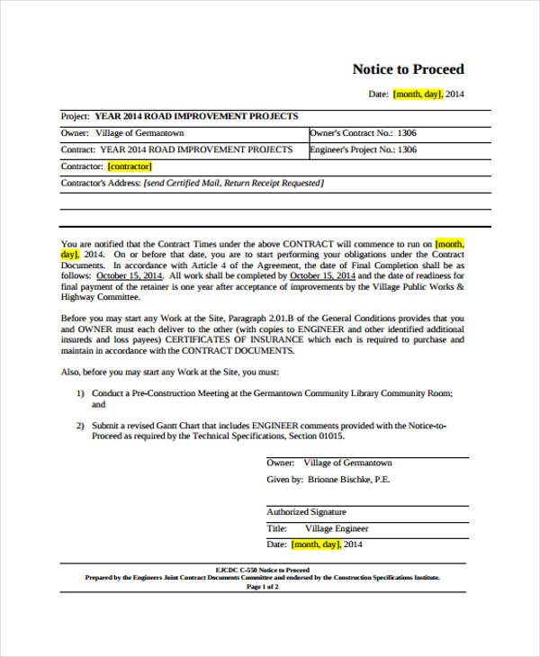 9  Notice To Proceed Templates Free Sample Example Format Download