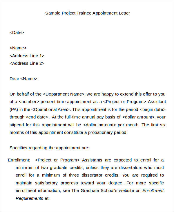project trainee appointment letter template