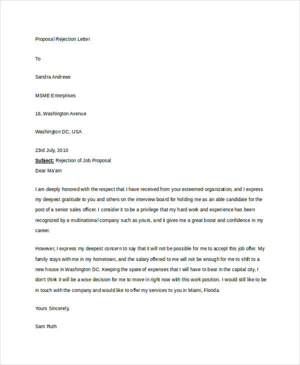 proposal rejection letter