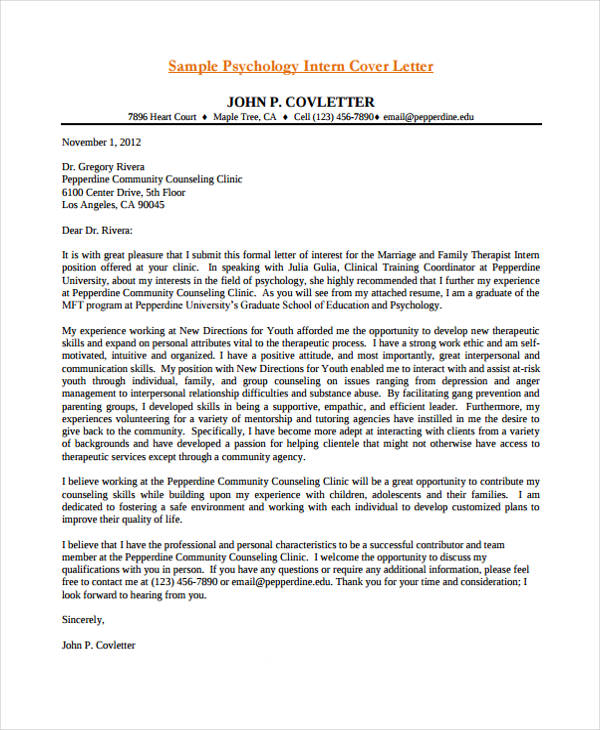 14 Internship Cover Letter Examples Cover Letter Example Cover   Psychology Internship 