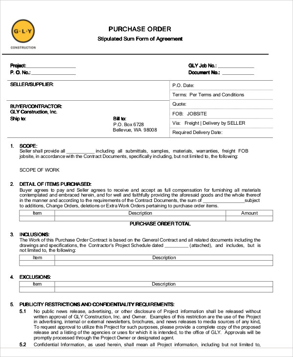 purchase order for construction