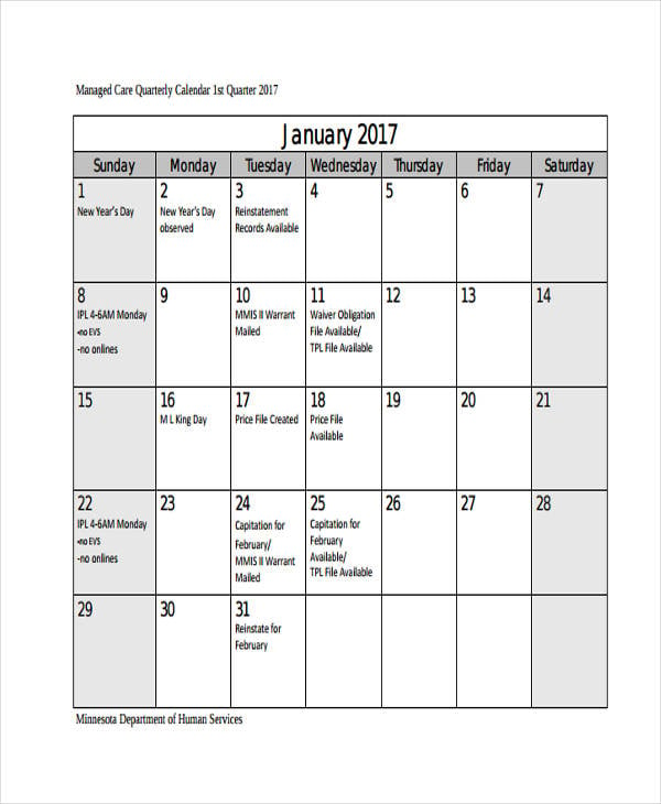 8+ Quarterly Calendar Templates Sample, Example