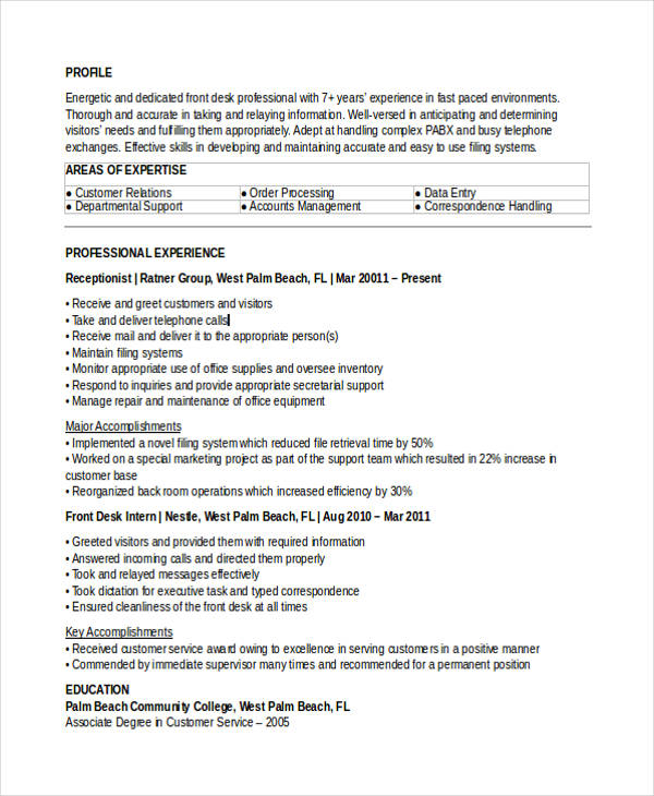10+ Receptionist Resumes Free Sample, Example Format Download
