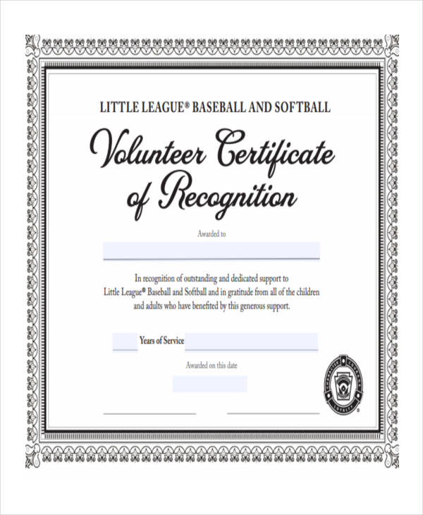 recognition certificate for volunteer