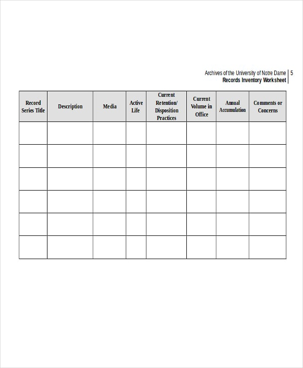 record inventory worksheet