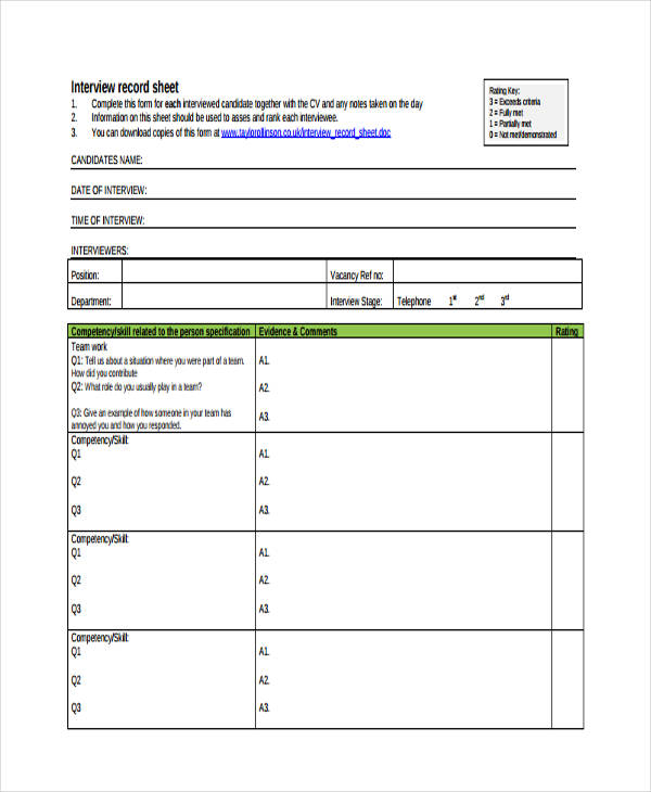 9+ Interview Sheet Templates in Google Docs | Google Sheets | MS Excel ...