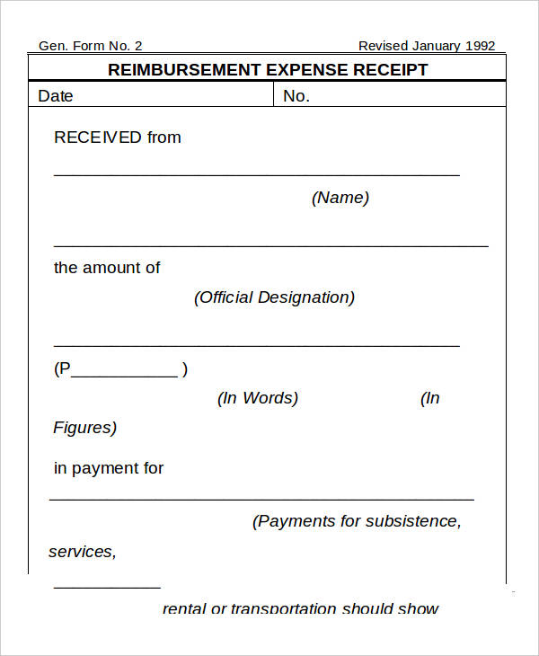 reimbursement expense receipt template