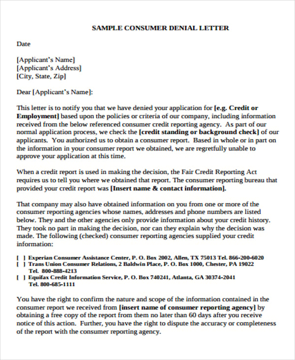 5+ Credit Rejection Letter - Word, PDF