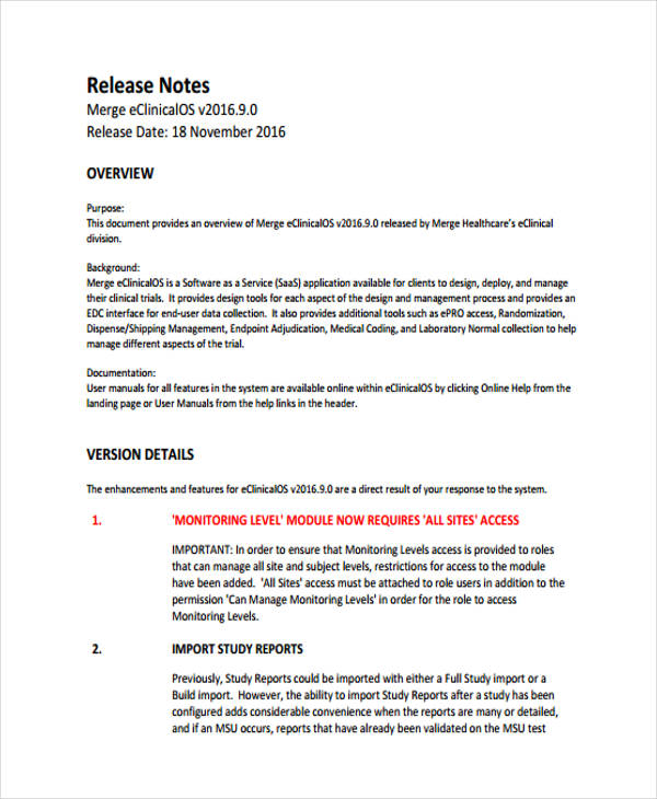 Software Release Notes Template Word