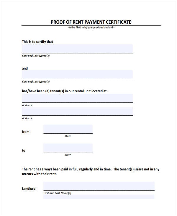 rent payment certificate