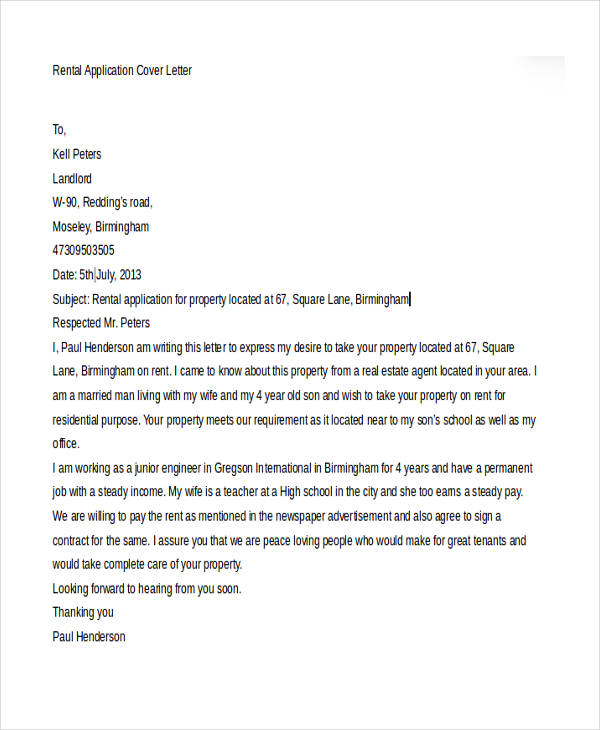 example of cover letter for rental application
