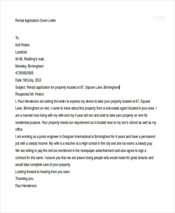 cover letter for rental example