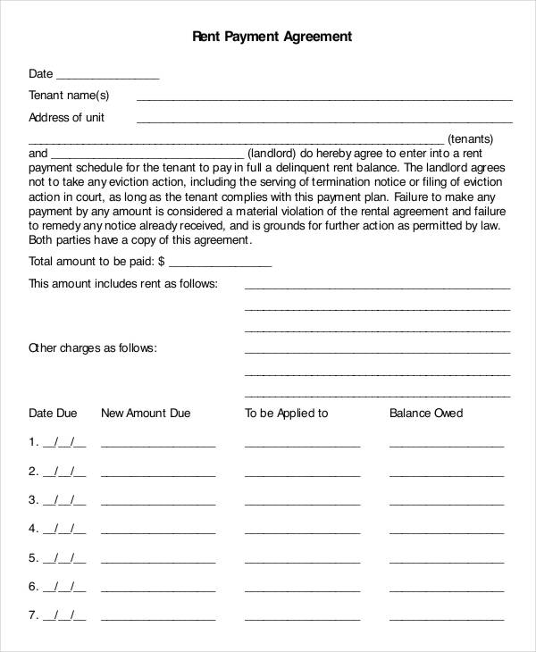 rental payment agreement letter