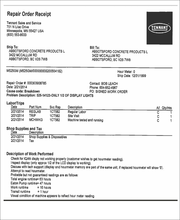 invoice short form 6 Sample, Example Repair Free Receipt  Templates Format