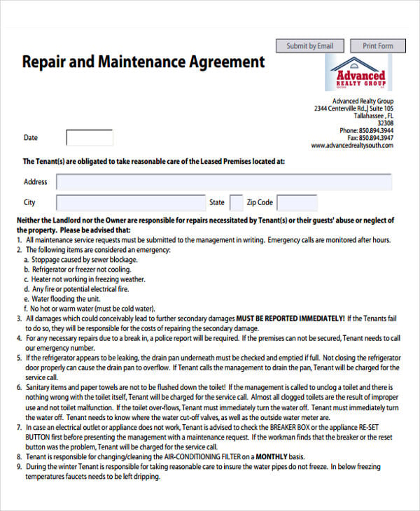 Repair Agreement Template