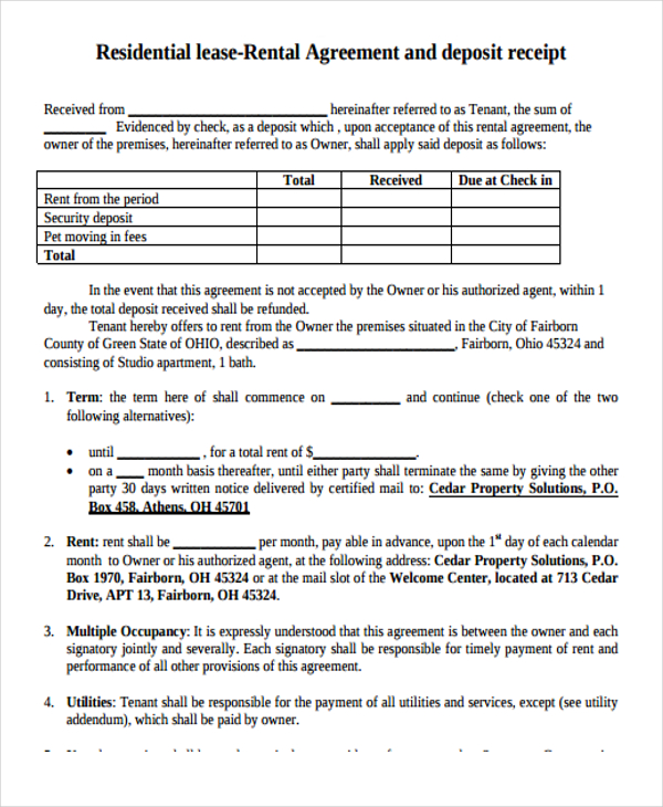 9 Lease Receipt Templates Free Sample Example Format Download