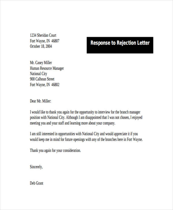 cover letter rejection