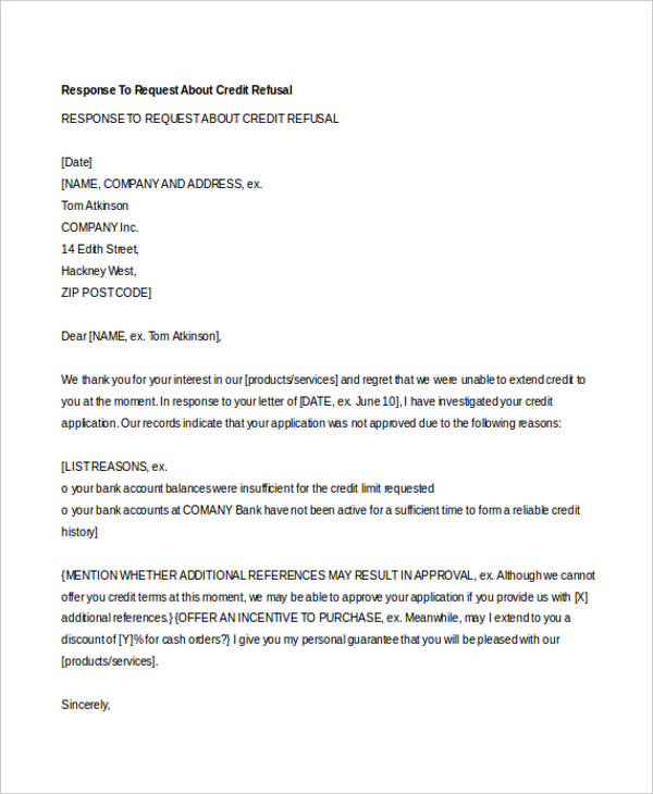 8 Credit Rejection Letter Free Sample Example Format Download