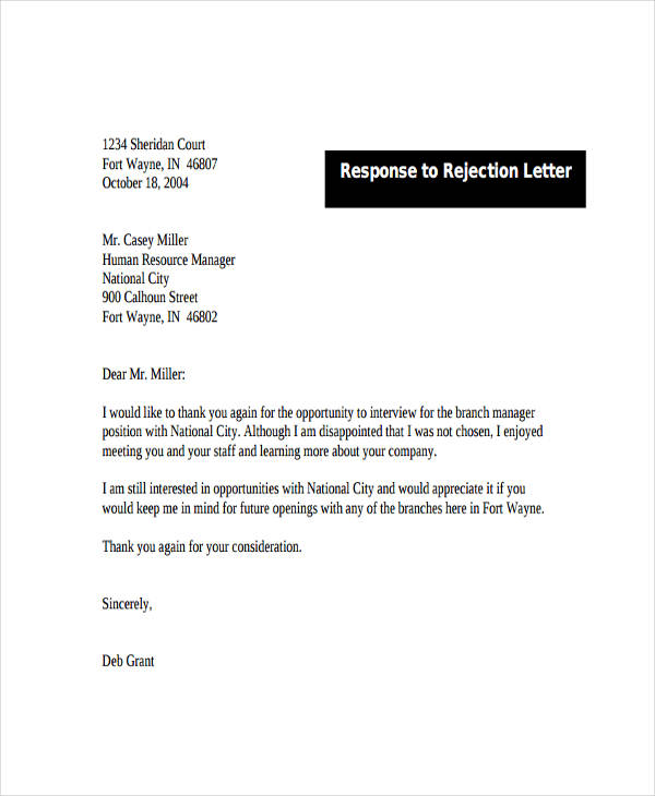 response to rejection letter