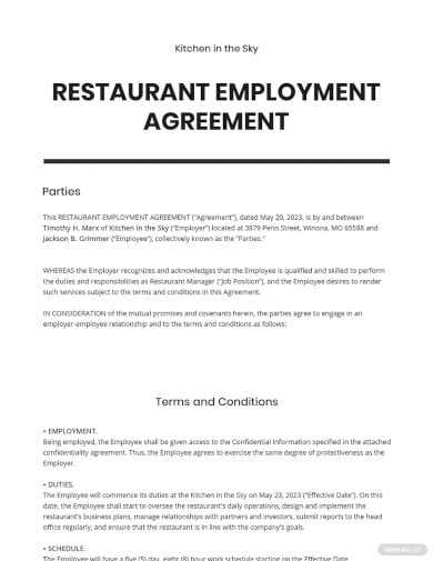 restaurant cover letter employment agreement template