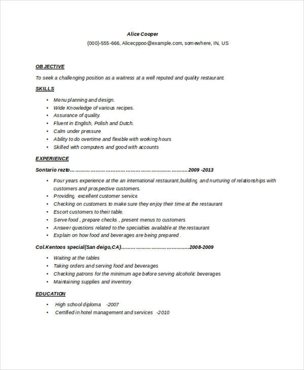 6  waitress resume templates
