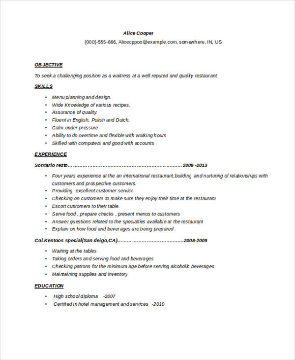 Sample Resume Of Waiter In Hotel