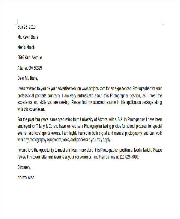 sample cover letter for photographers