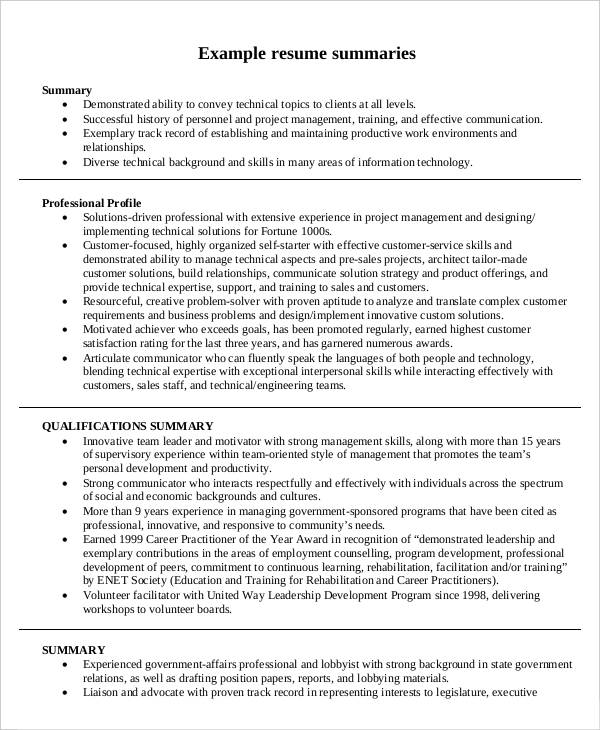 Resume Profile Summary Example