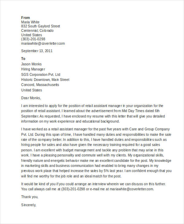 😀 Retail cover letter examples for resume. Retail Sales ...