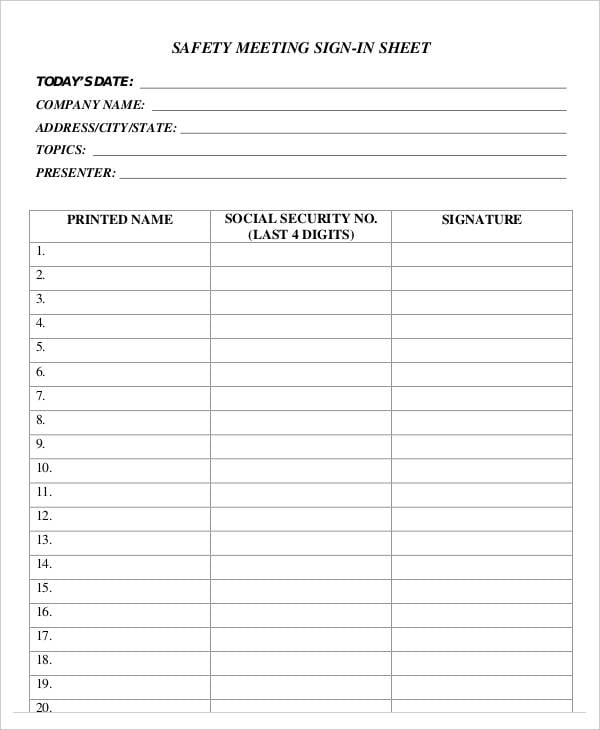 safety meeting sign in sheet template