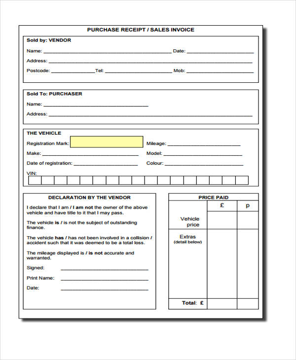 sale purchase receipt template