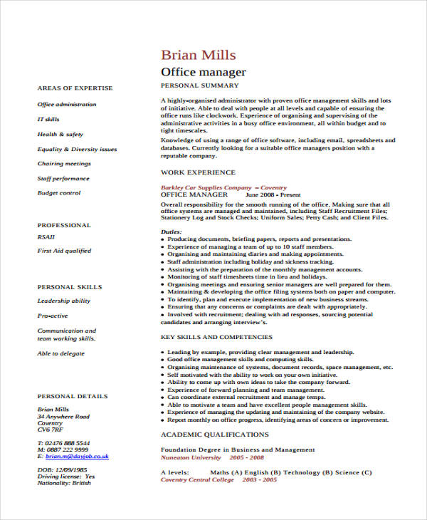 business office manager resume template