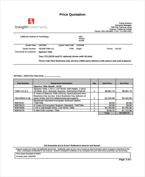 sales price quotation template