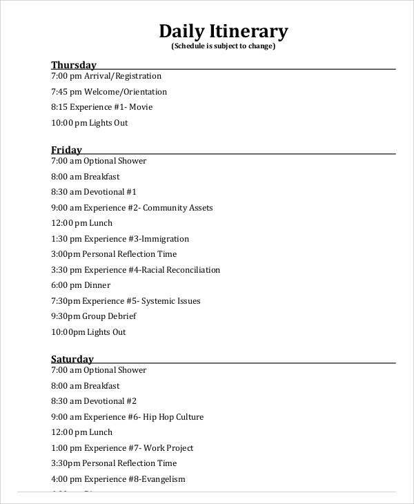 7 Daily Itinerary Templates Sample Example
