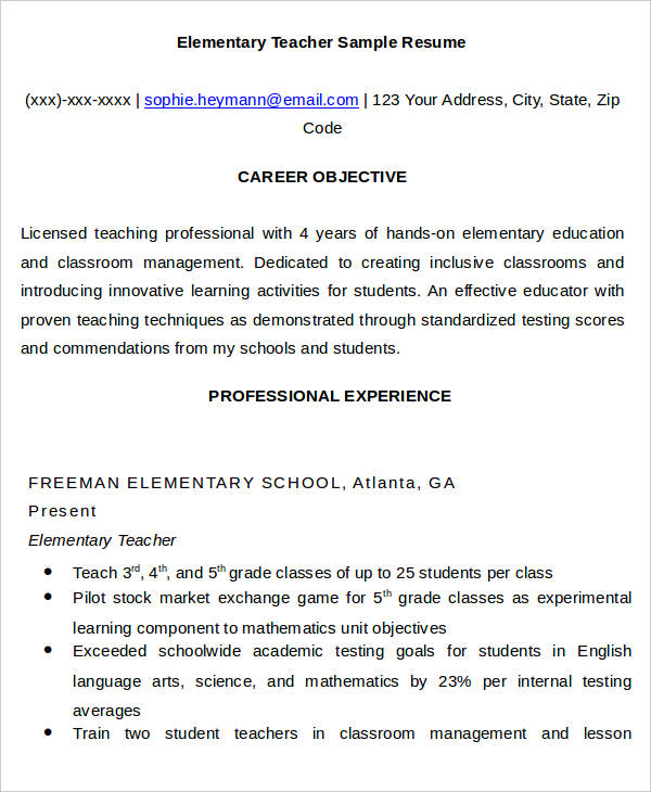 sample elementary teacher resume