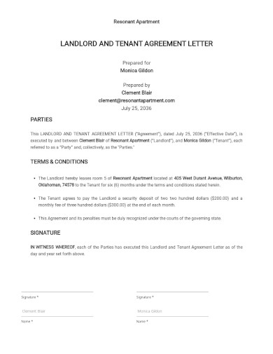 sample landlord and tenant agreement letter template