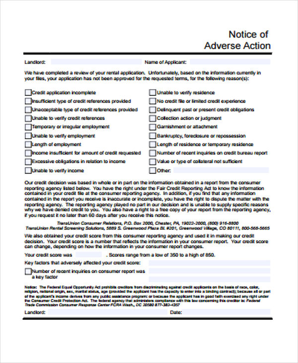 9 Adverse Action Notice Templates Free Sample Example Format Download 