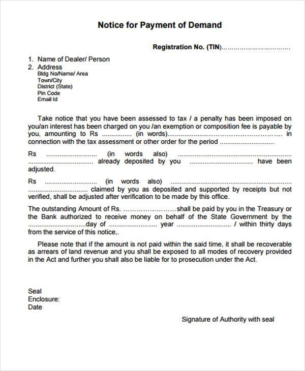 format letter given payment Demand Sample, 9 Free  Format  Example Notice Templates